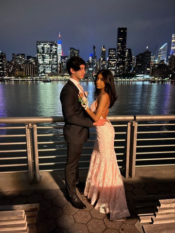 Mermaid Spaghetti Straps Blush Pink Lace Prom Dresses Long Party Dress SD2284 HZ0628